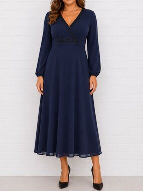 Y2K Talbots Navy Blue Beaded Midi Dress Size 10 Formal Evening Cocktail